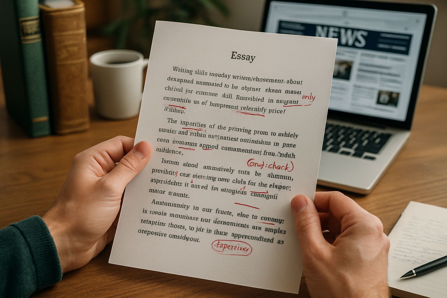 Editor reviewing documents linked to the BI Essay Scandal in a busy office.