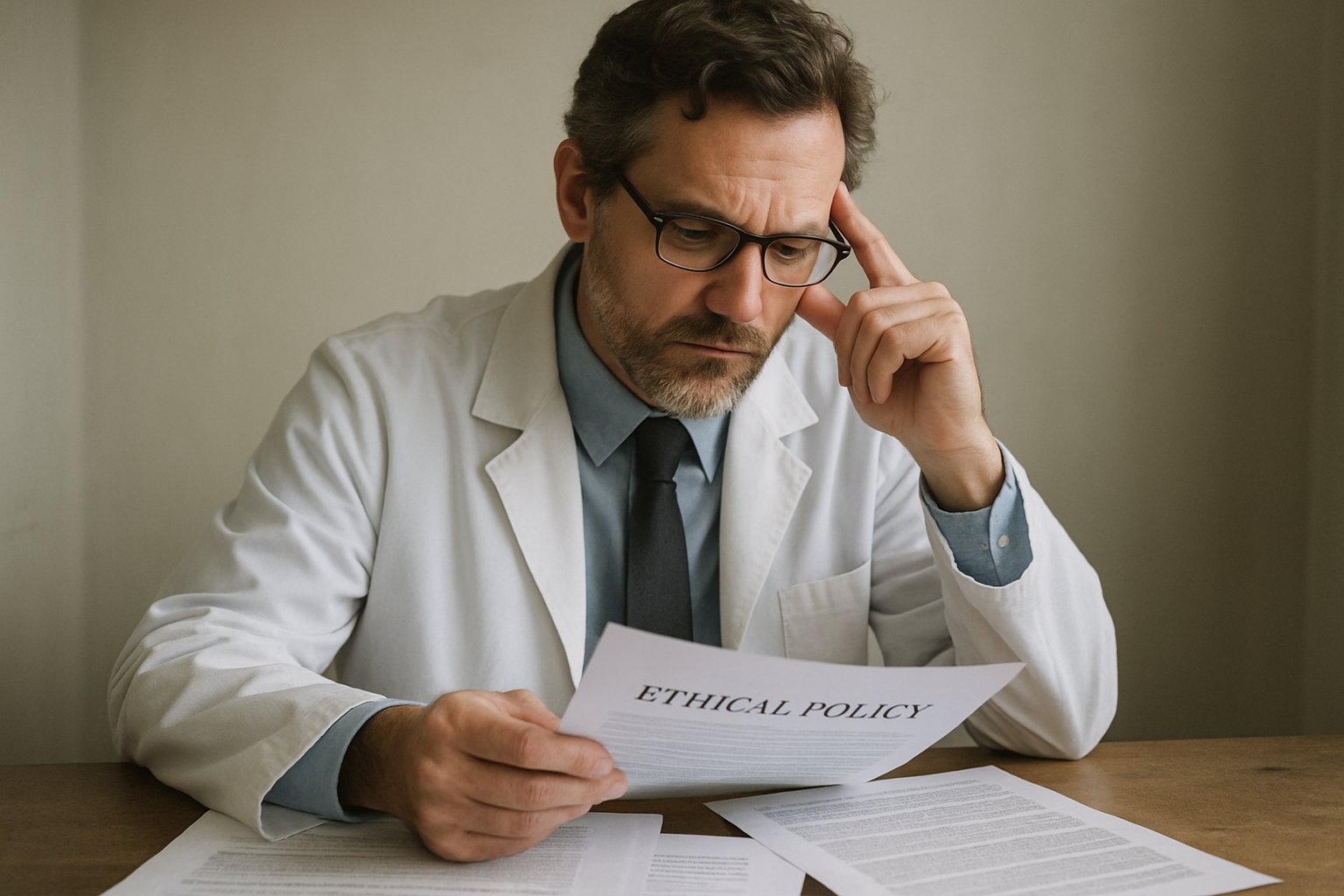 Bioethicist reviewing policy papers on Biological Ethics for embryo scoring