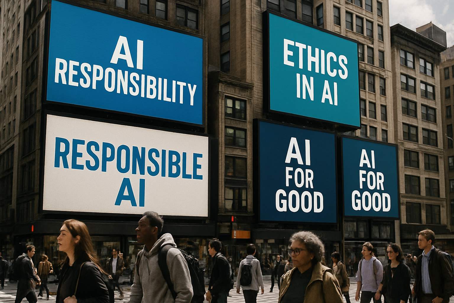 Global AI Ethics message displayed in urban city life with diverse pedestrians.
