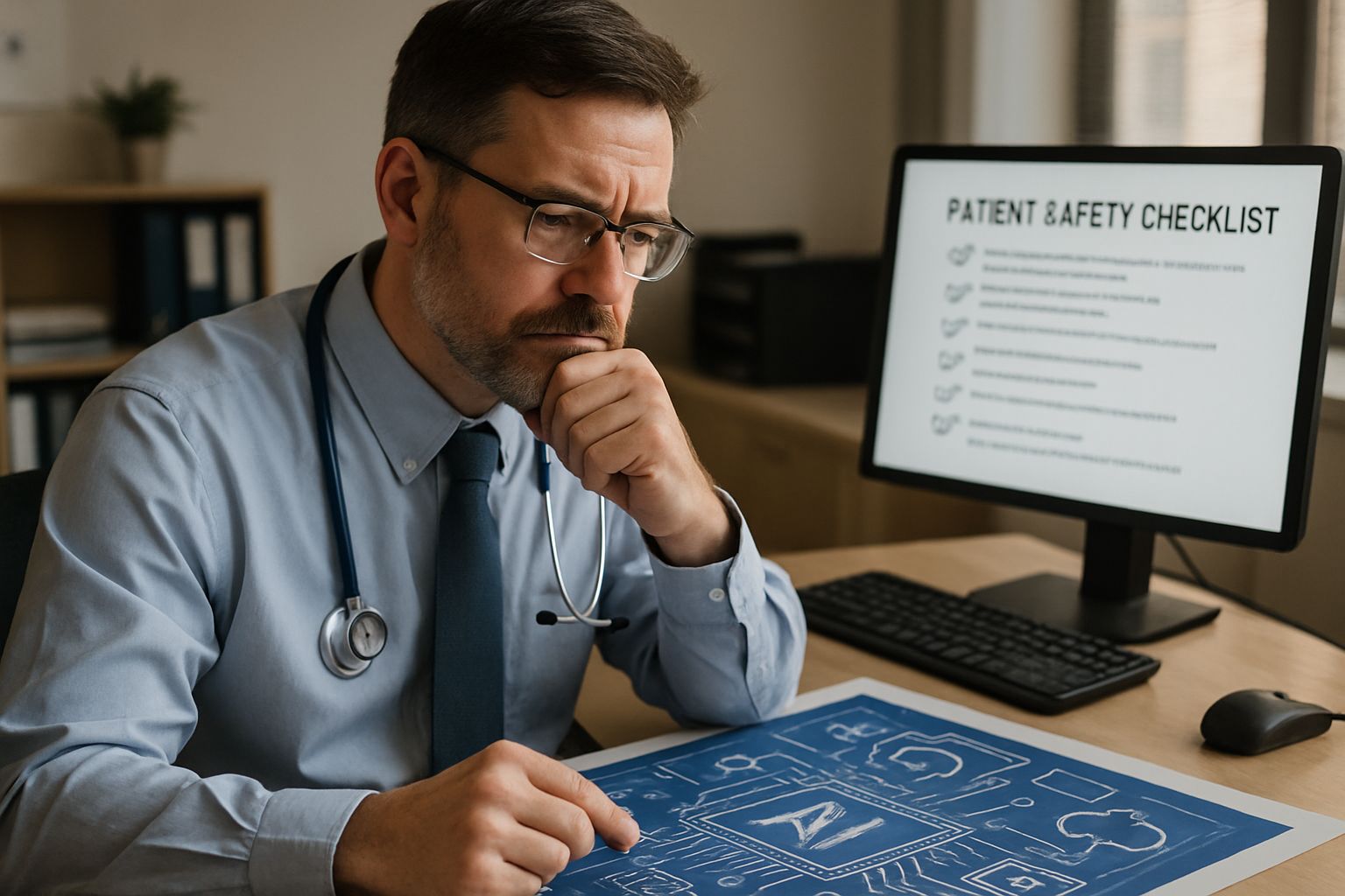 Healthcare administrator reviews AI Healthcare system for patient safety improvements.