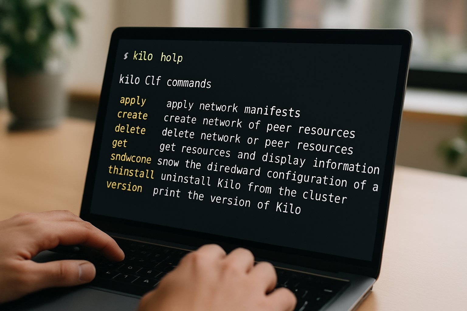 Close-up laptop with Kilo CLI Release terminal commands and developer's hands.