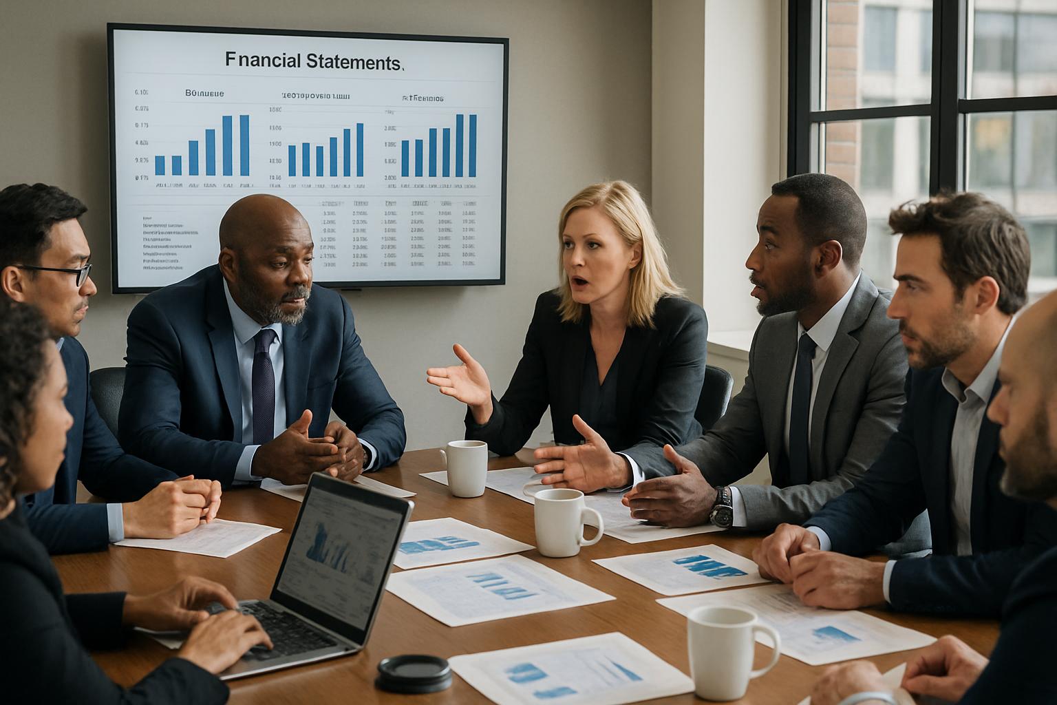 Executives discussing Sinister Accounting issues during a board meeting