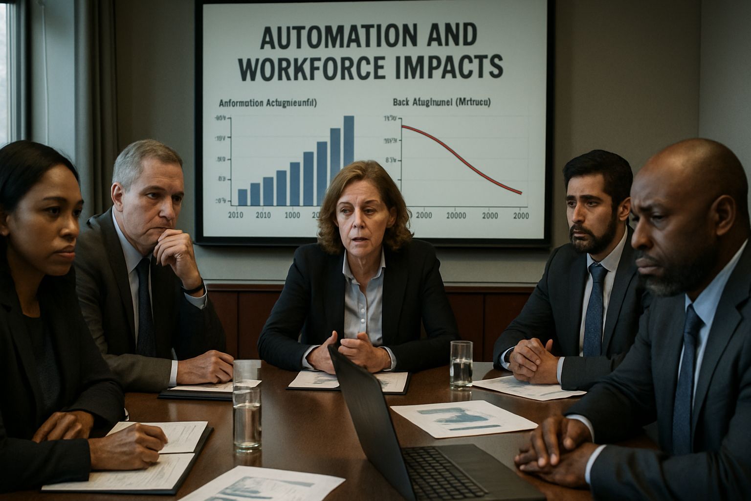 Corporate leaders discuss strategies for the job displacement crisis in a boardroom.
