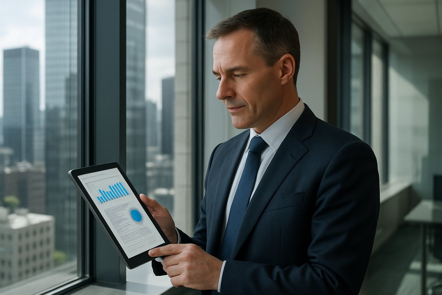 AI Executive reviewing AI workforce report in bright office