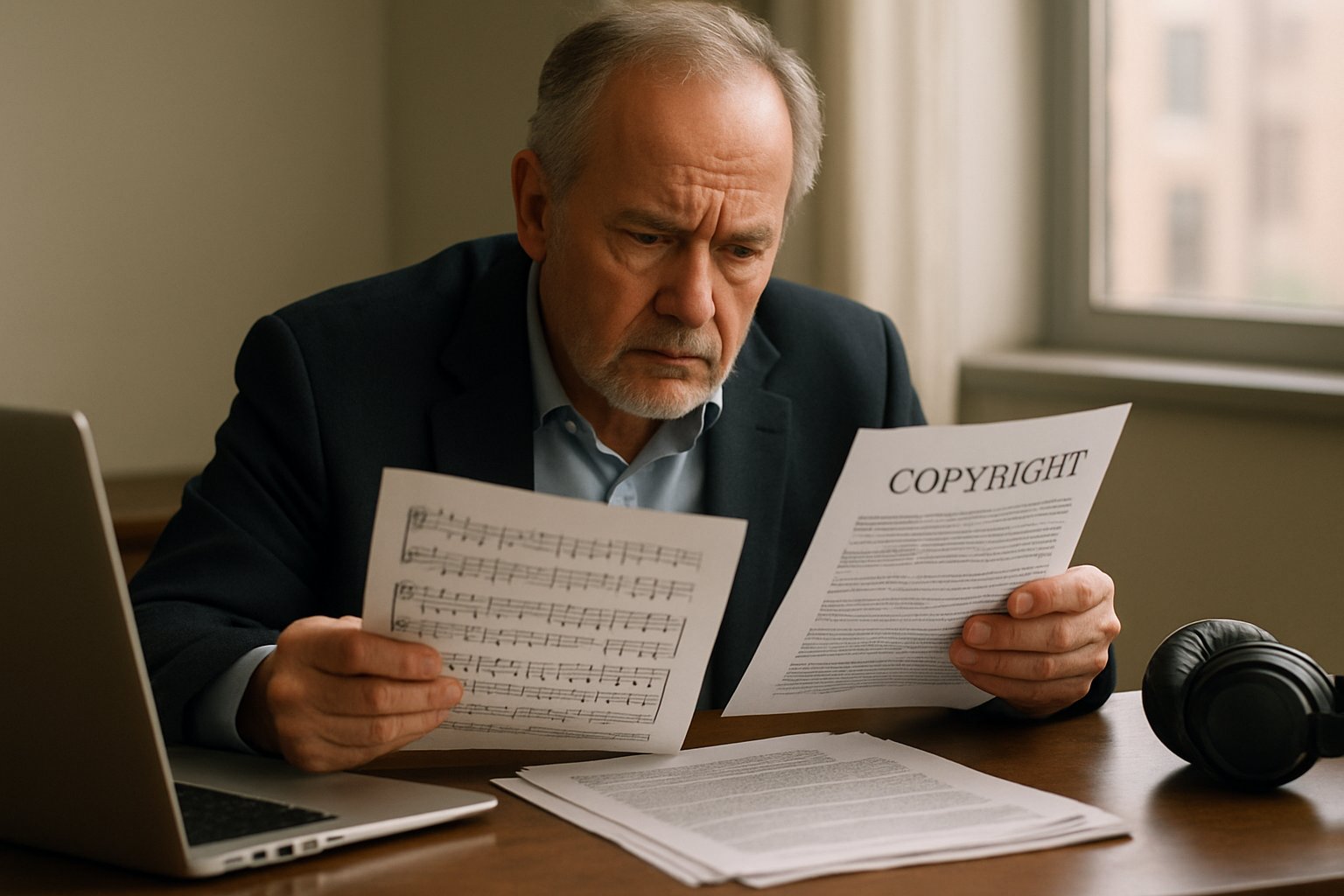 Music executive examines documents in Copyright Lawsuit dispute with Anthropic.