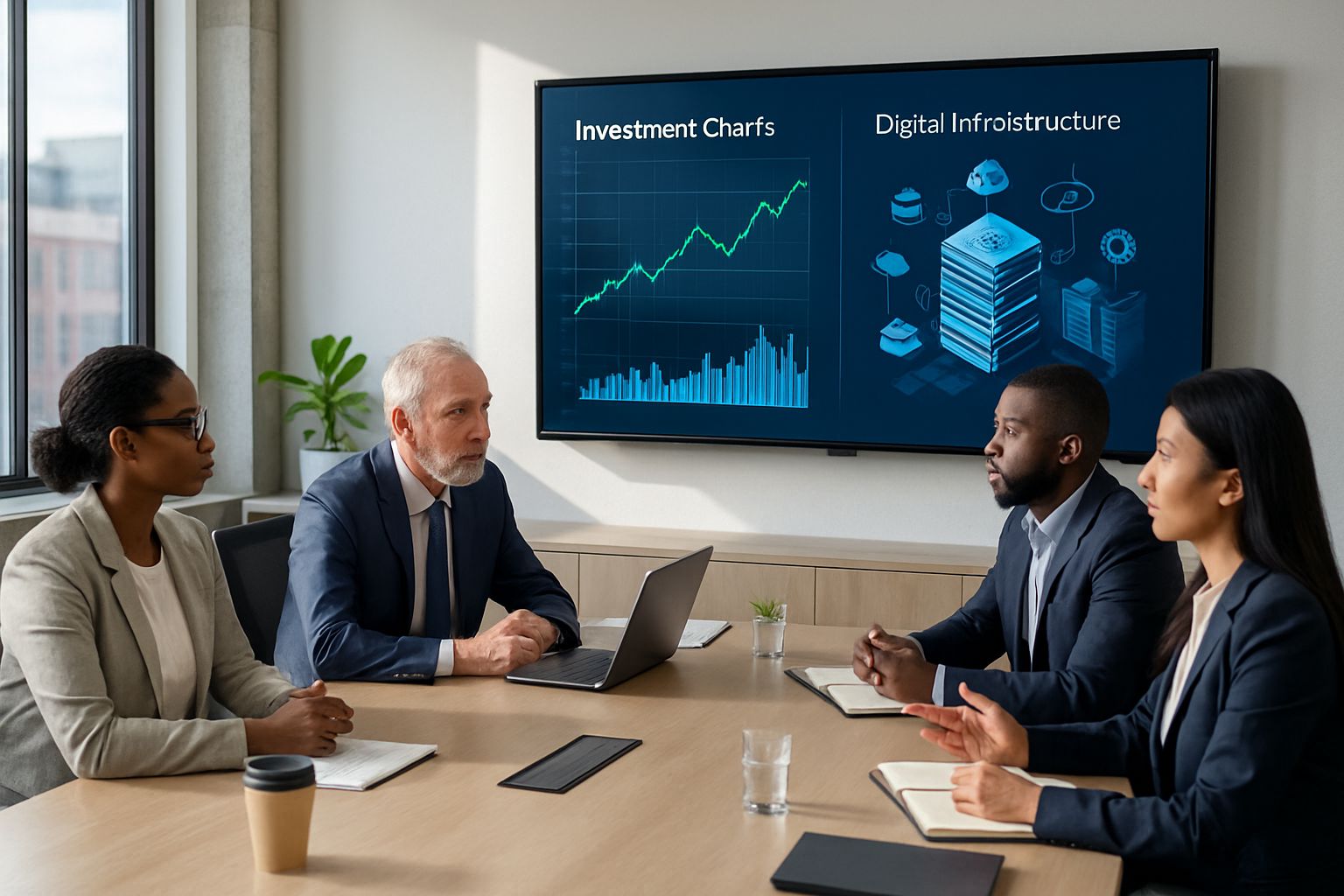 Executive team analyzes Digital Infrastructure Growth projections in boardroom meeting.