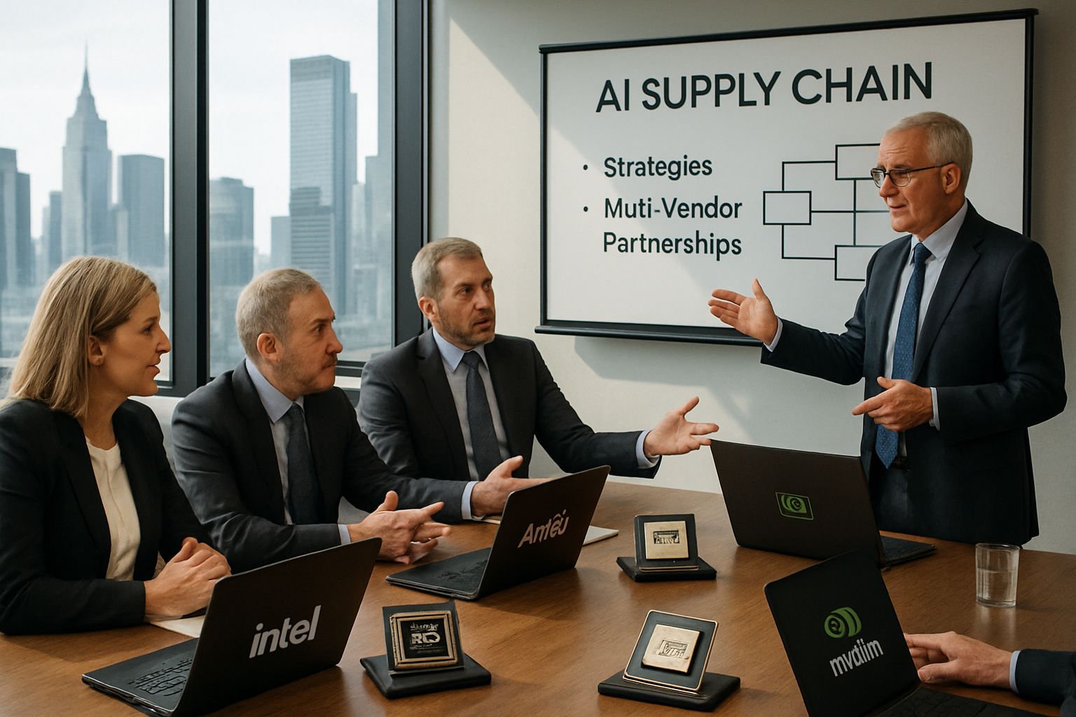 Executives discuss AI Supply Chain partnerships with multiple chip vendors in a boardroom.