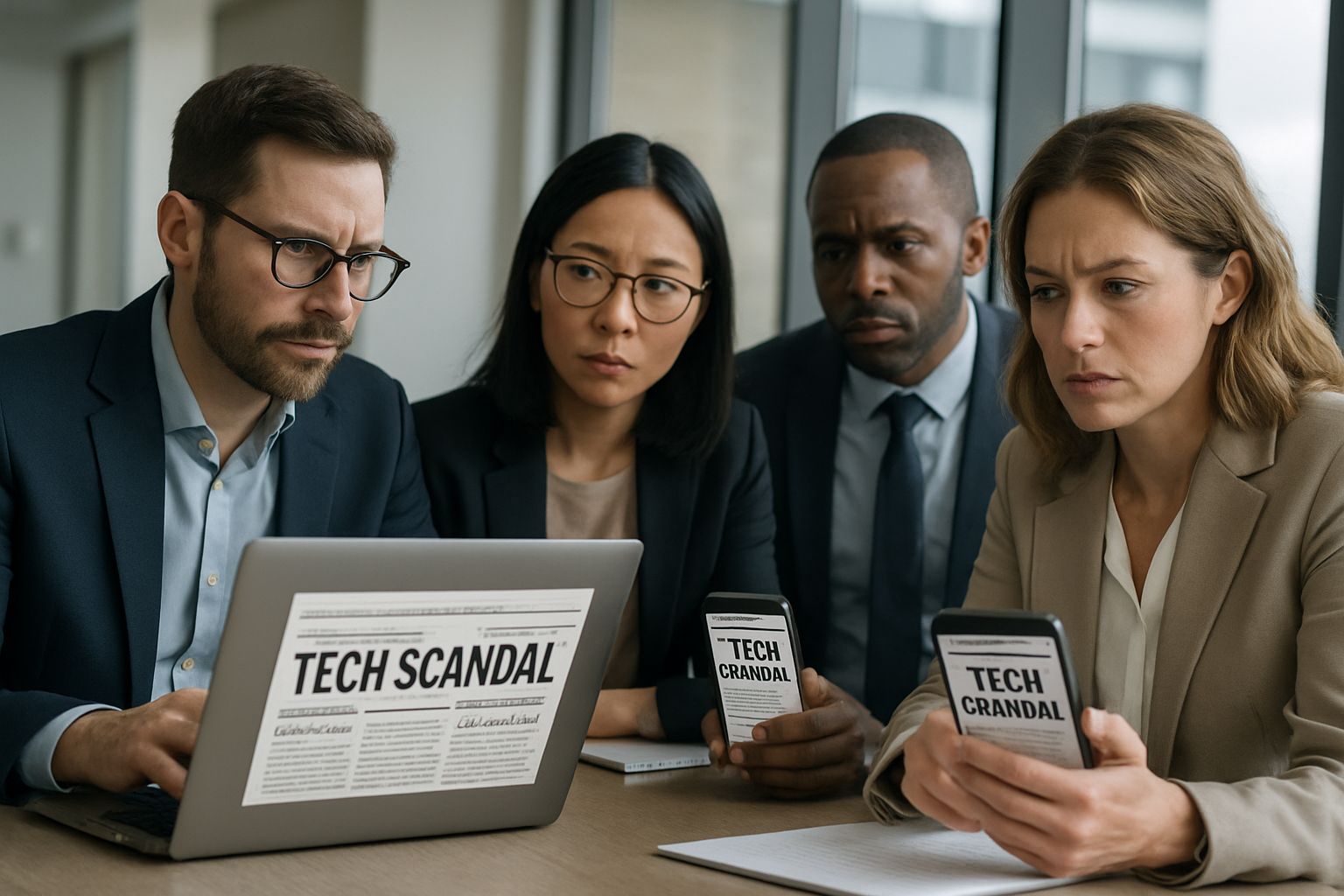 Tech Scandal discussion among tech executives in conference room