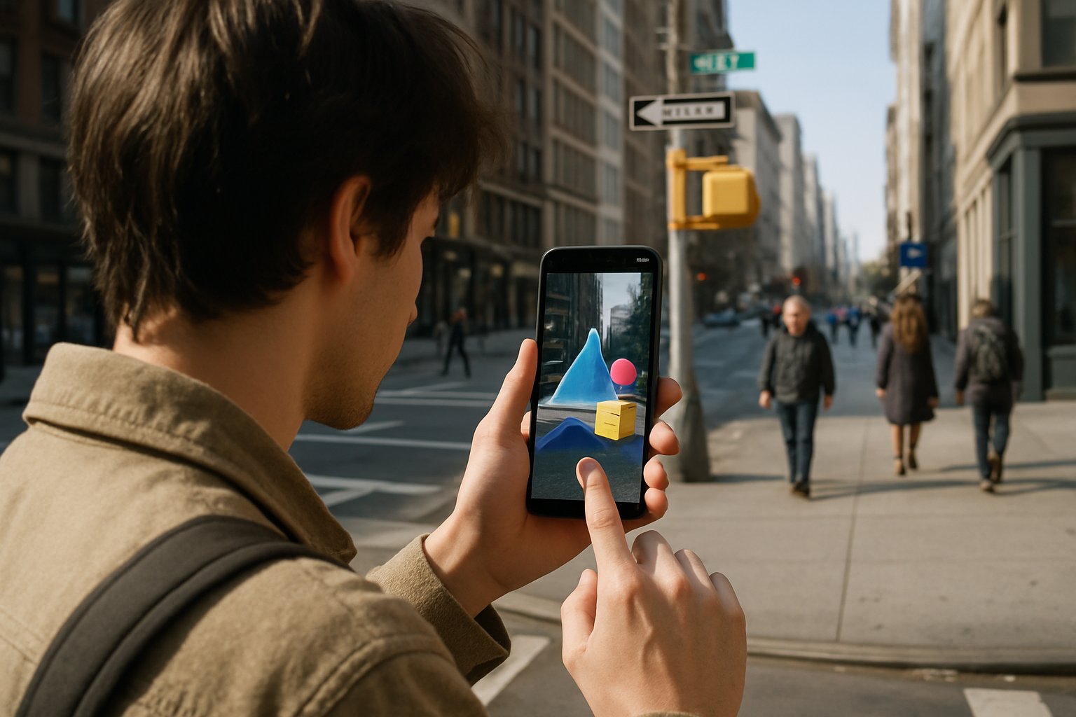 Young adult experiencing AR/VR through mobile app on city street.