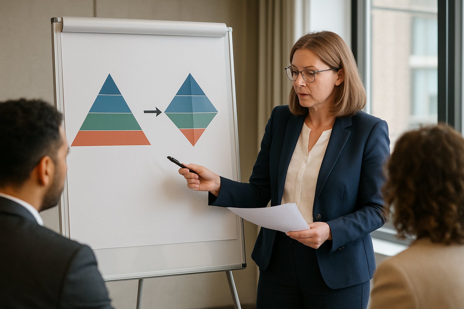 HR leader explaining pyramid to diamond transition in Workforce Restructuring.