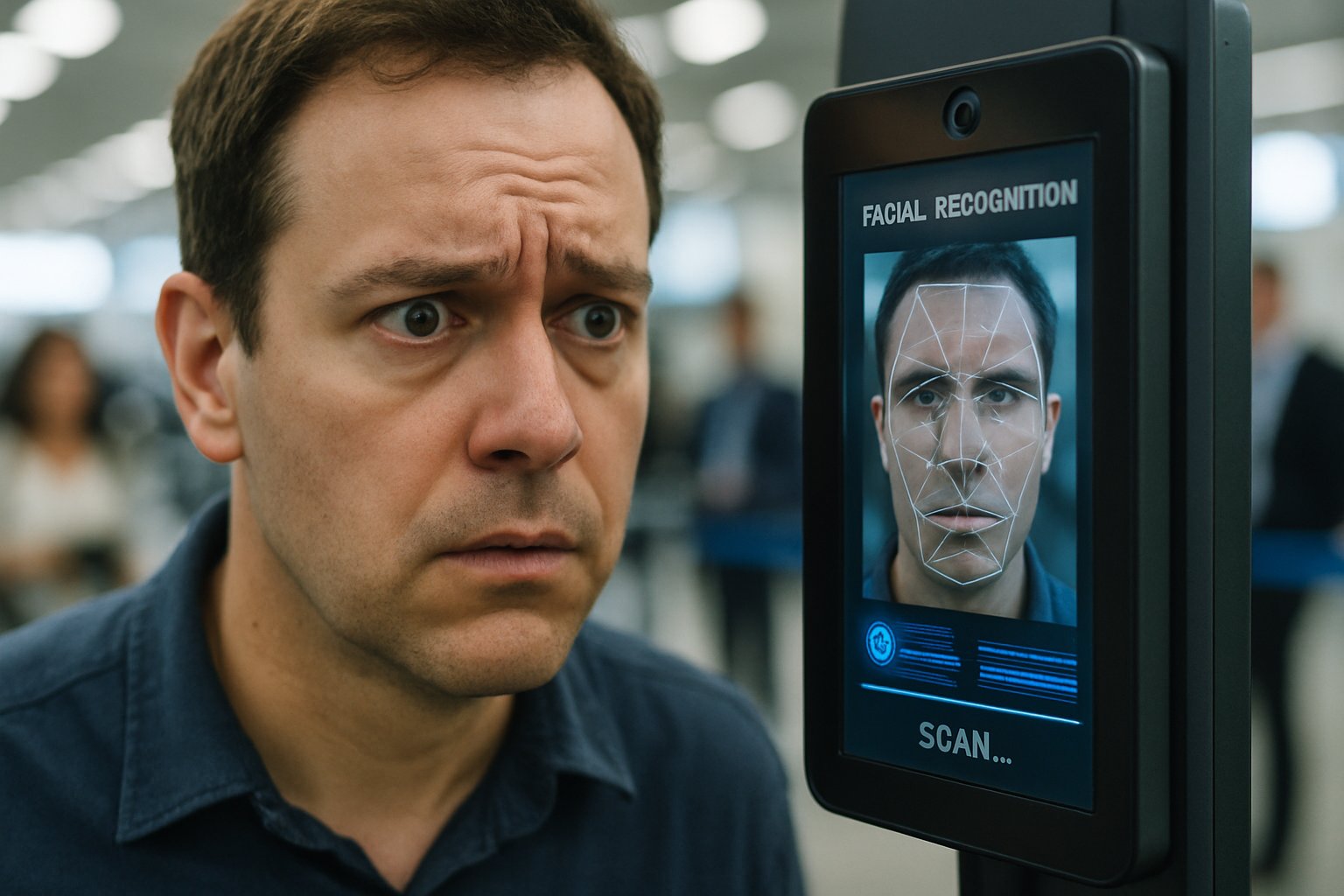 Facial recognition scan at airport highlights Biometric Error Arrest concerns.