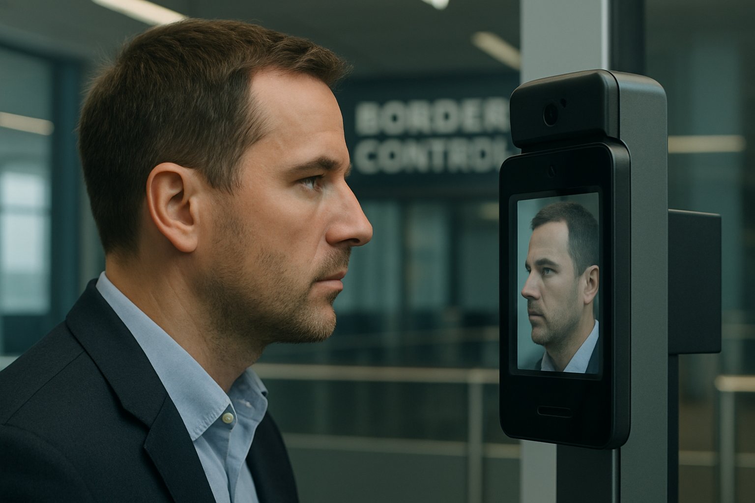 Facial recognition scanner demonstrates Biometric Surveillance at border control.
