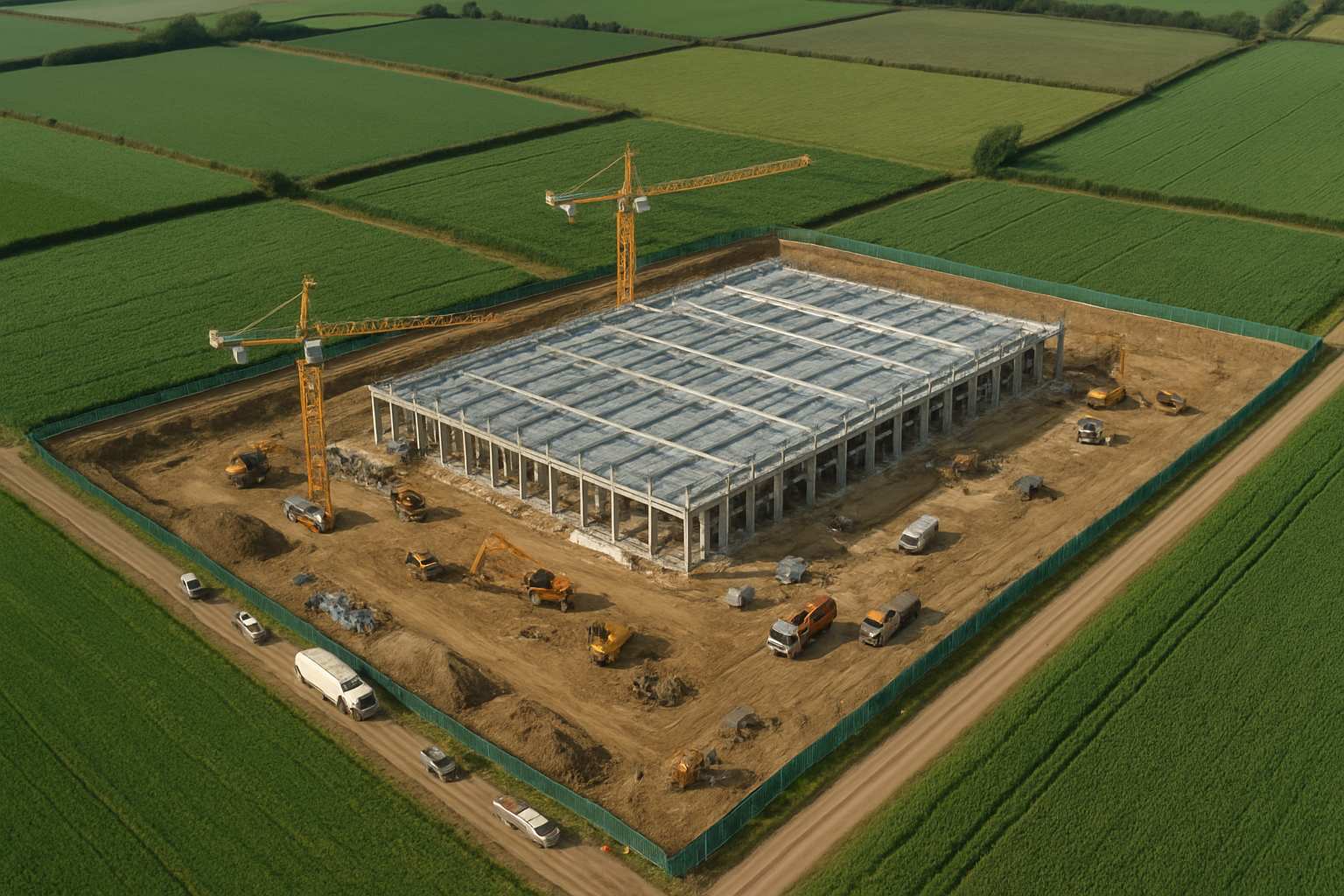 Aerial view of farmland divided by datacenter development symbolizing Infrastructure Backlash.