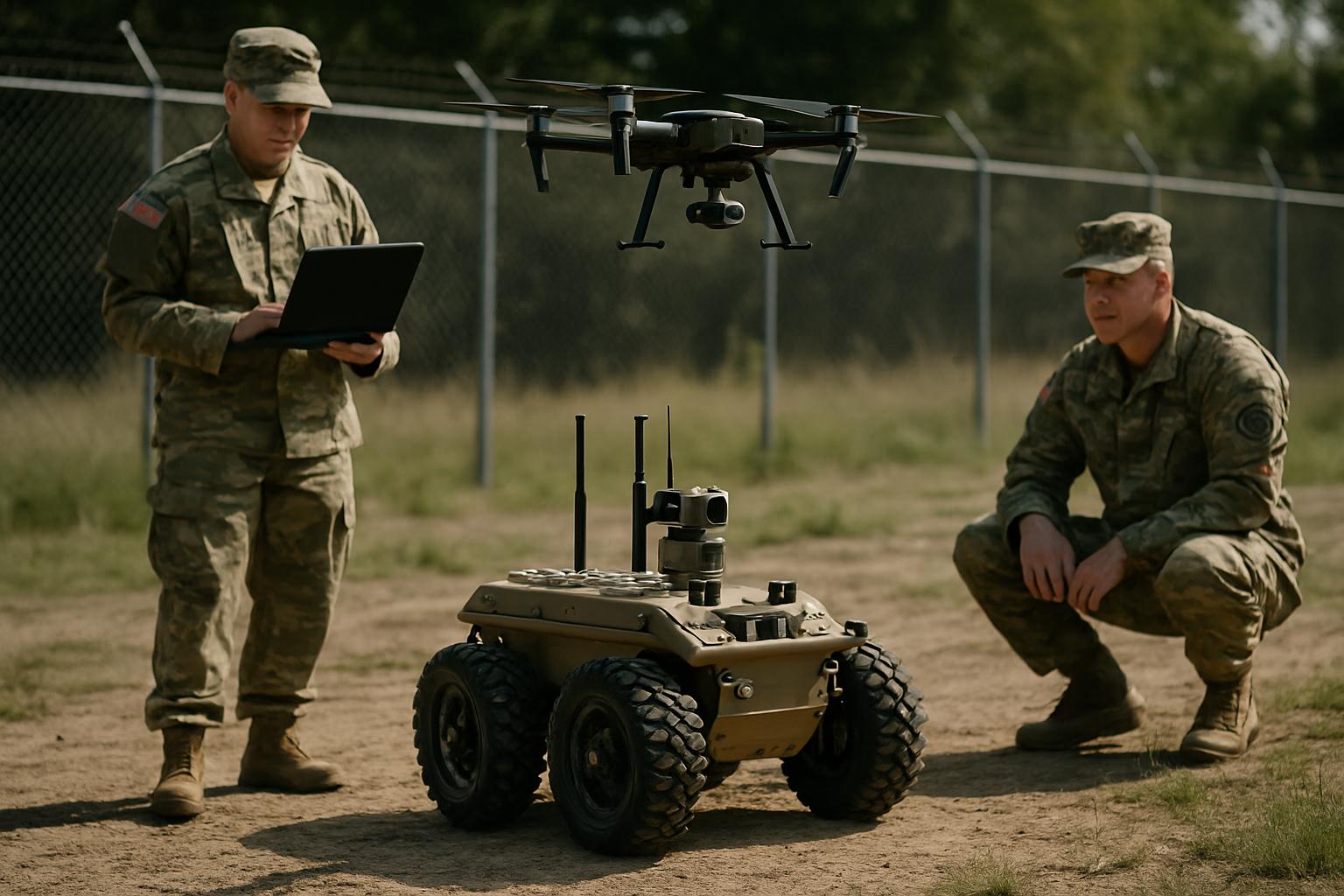 US defense staff test AI Autonomous Warfare robots and drones outdoors.