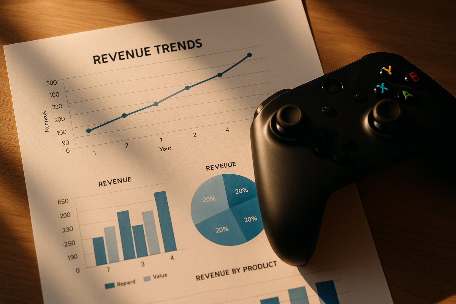 Financial charts and gaming controller highlight Gaming Product Strategy trends.