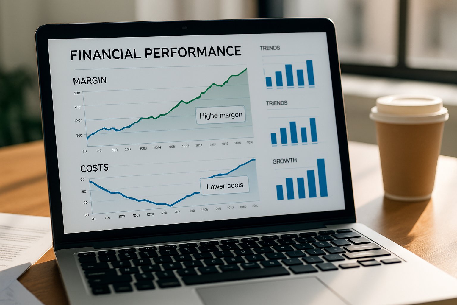 Laptop screen showing financial performance graphs and trends analysis at desk.