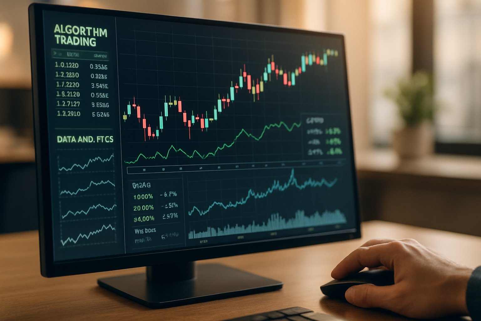 Financial Robotics algorithm trading live market data on computer screen