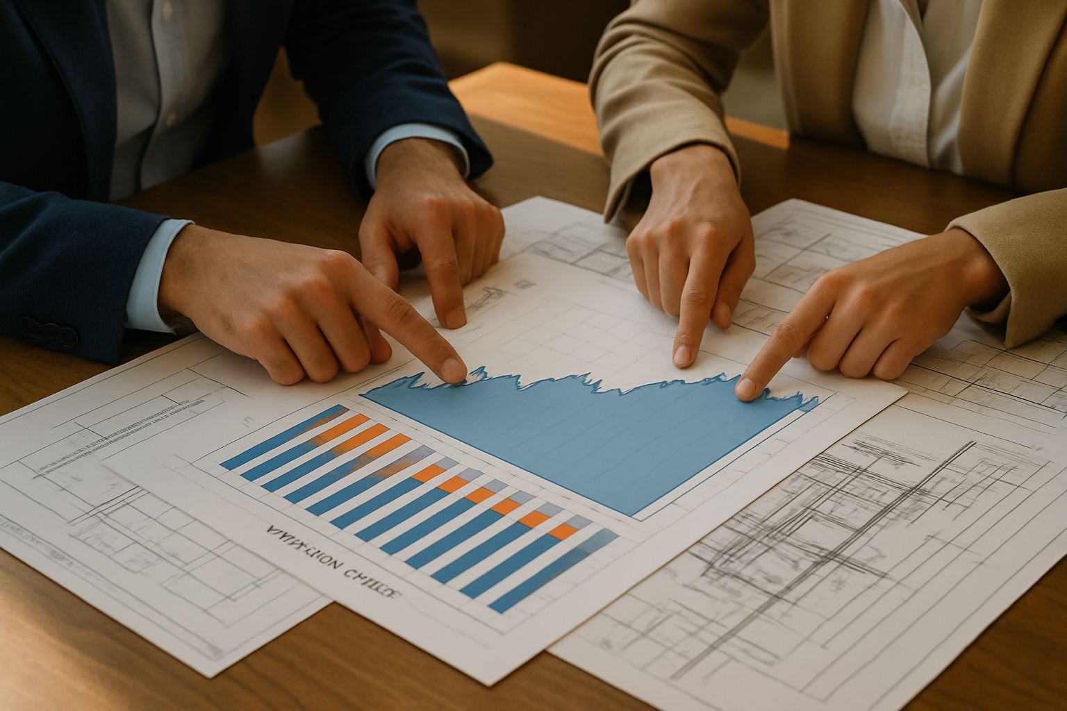 Business professionals discussing blueprints for Compute Target Revision cost management