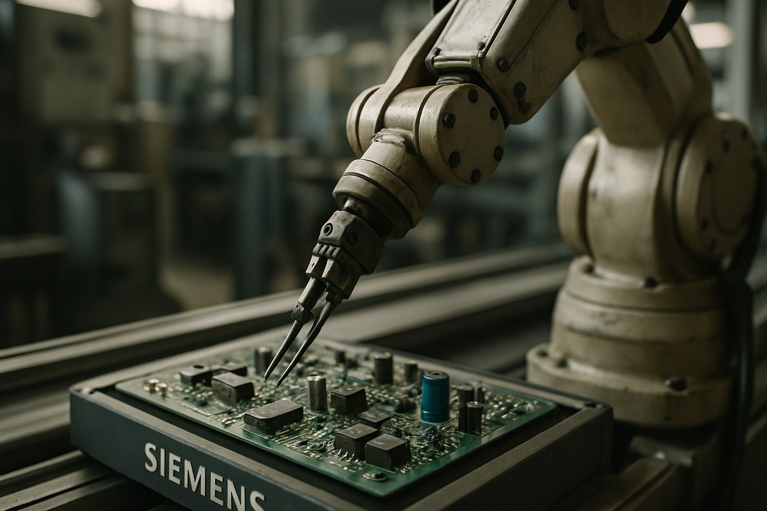 Robotics AI powered robot arm assembling parts in a Siemens facility.