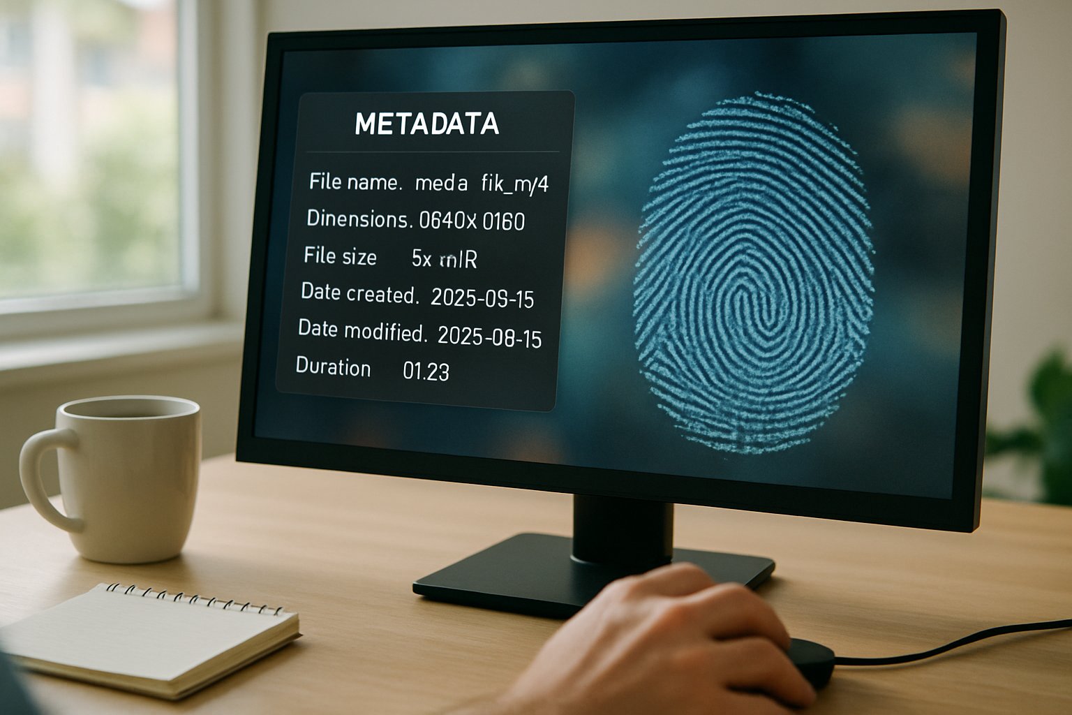 Synthetic Media Traceability technology showing metadata and fingerprinting on a digital file.