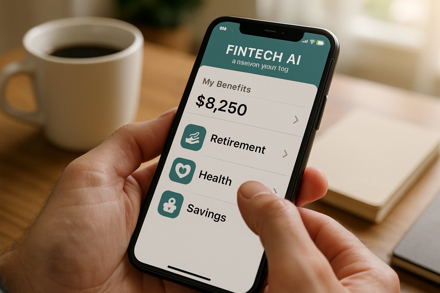 Fintech AI personal finance app on smartphone for employee benefits
