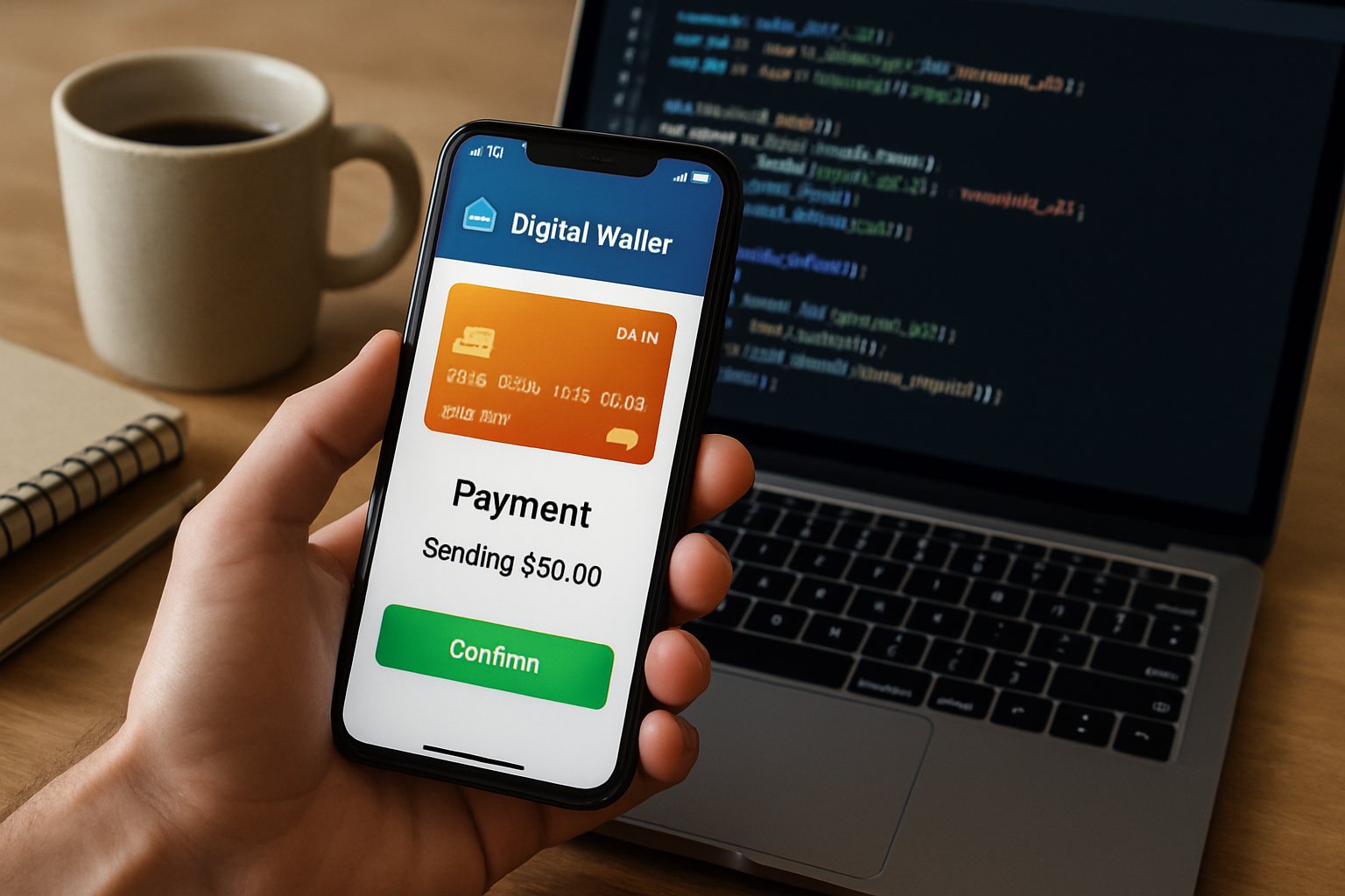 Fintech app integration displayed with digital wallet and payment rails for AI commerce.
