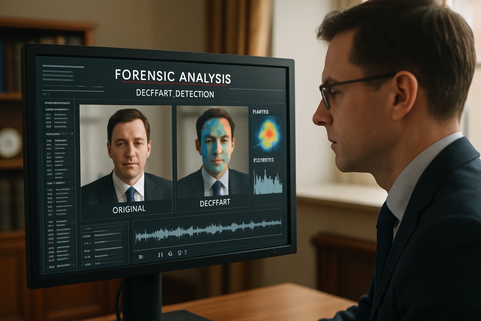 Forensic analyst using UK Deepfake Detection software on computer screen.