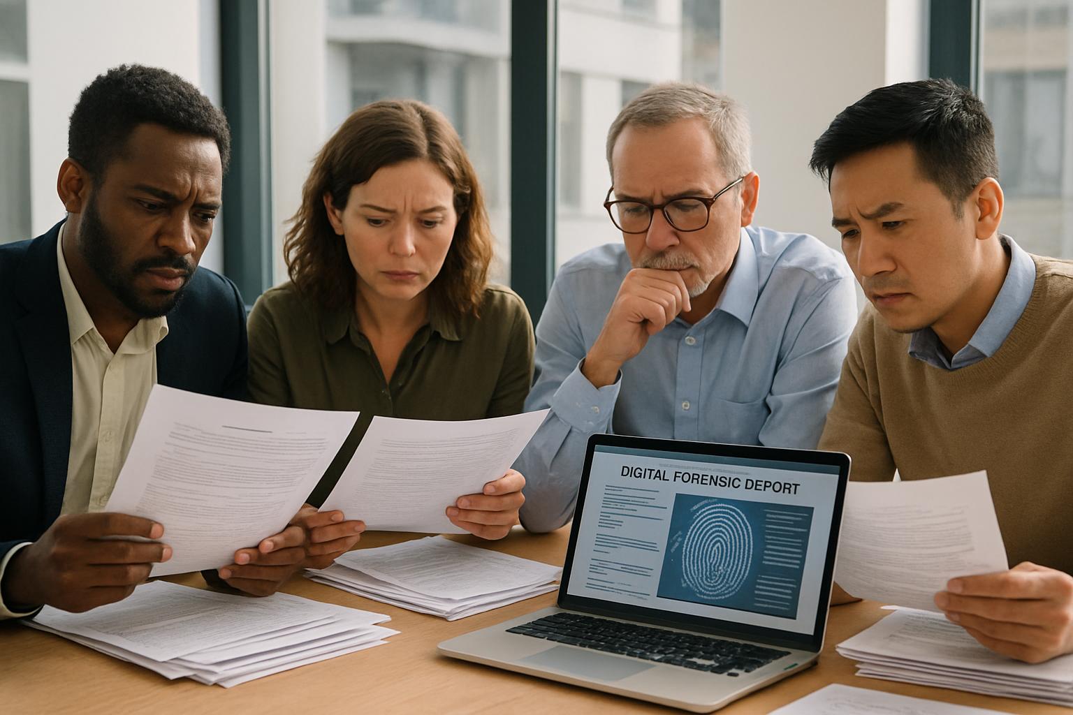 Investigators review White House Slopaganda documents at a professional office table.