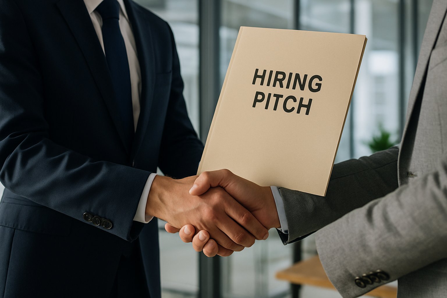 Professionals exchanging Hiring Pitch documents in modern office environment.