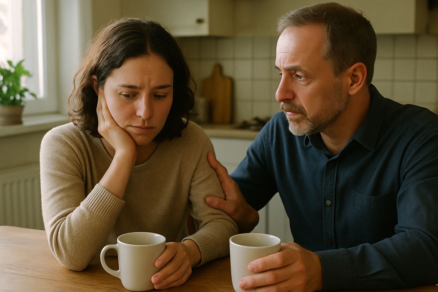 Supportive conversation about Digital Abuse between friends at kitchen table