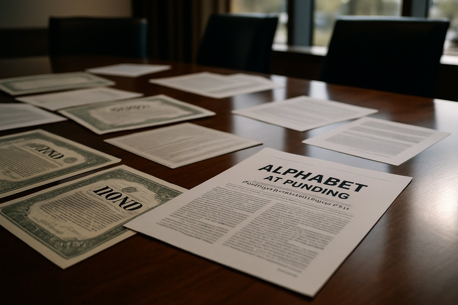 Boardroom table with Alphabet AI Funding documents and bond certificates.