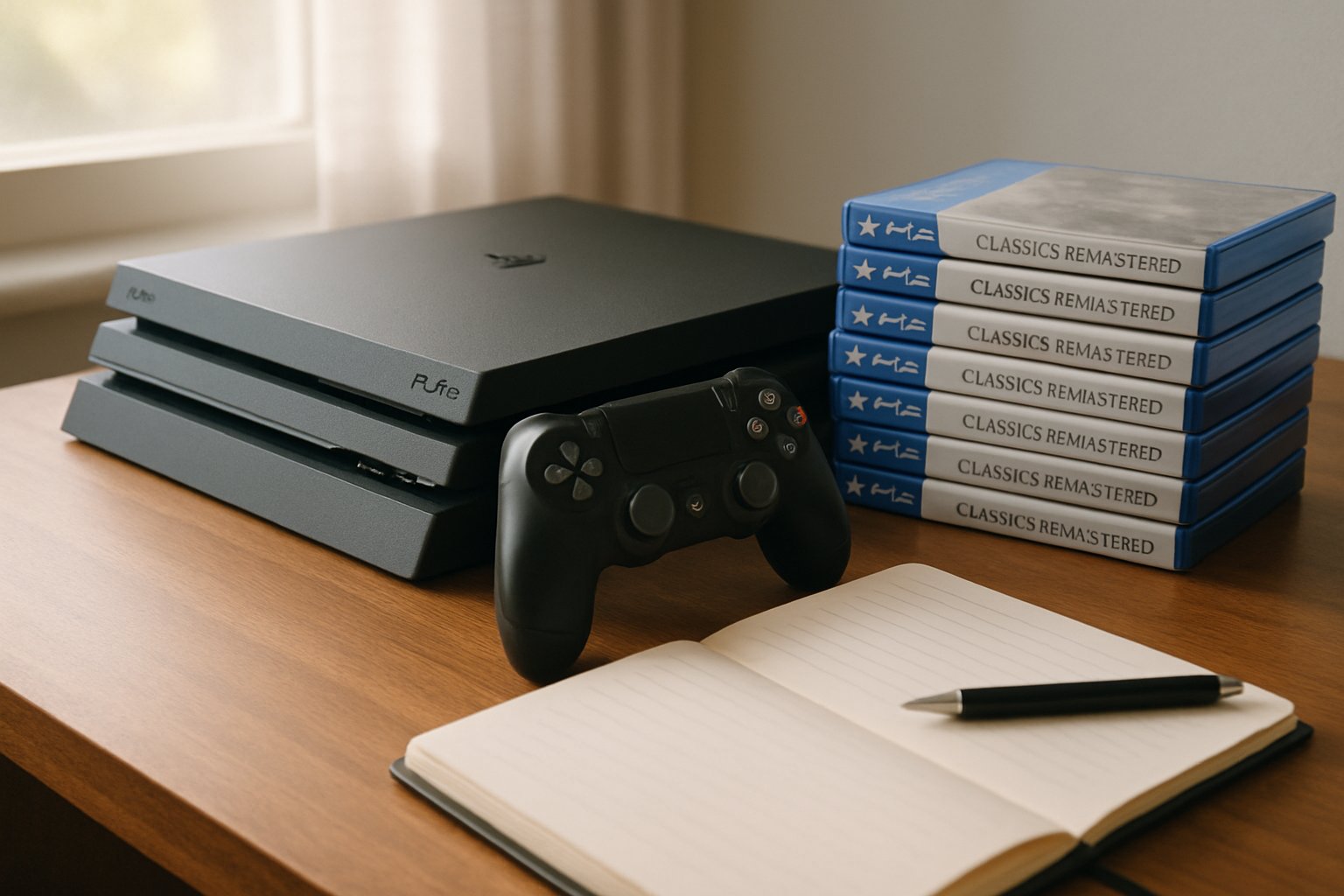 Gaming AI trends shown with PlayStation console and classic remakes on a desk.