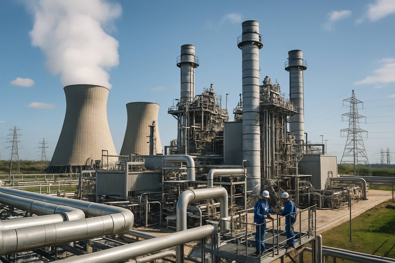 Modern gas power plant operating to meet AI Energy Demand alongside power lines and workers.