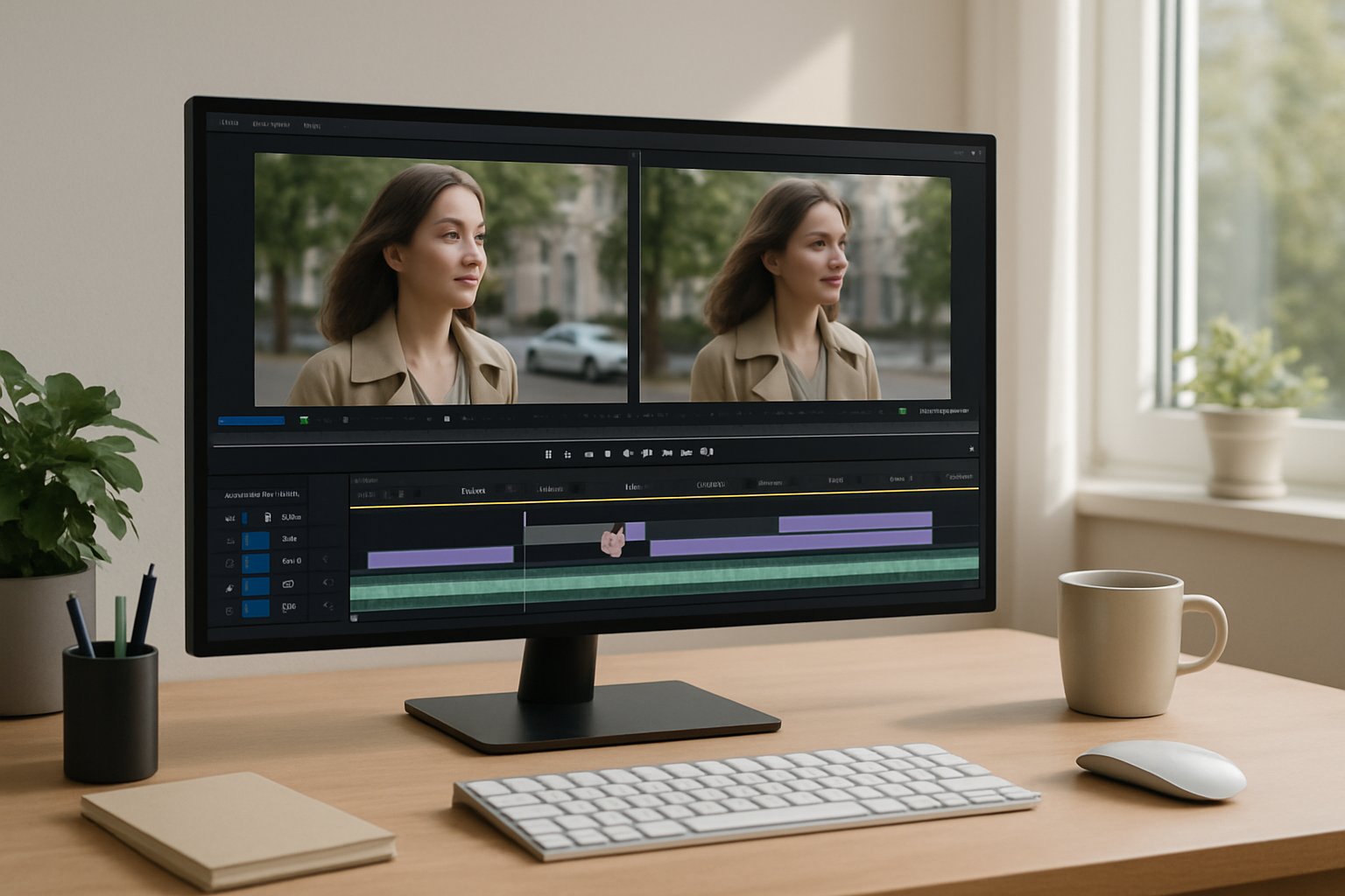 Monitor displays Generative Video timeline with multi-shot audio syncing features.