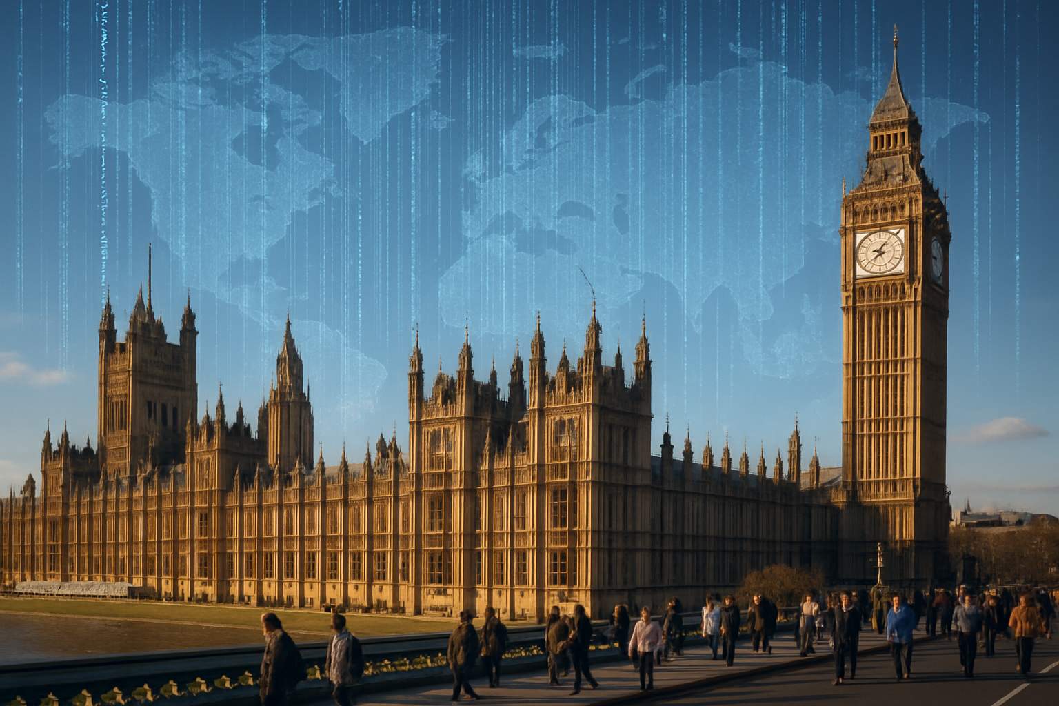UK Parliament overlayed with data streams and Geopolitics world map.