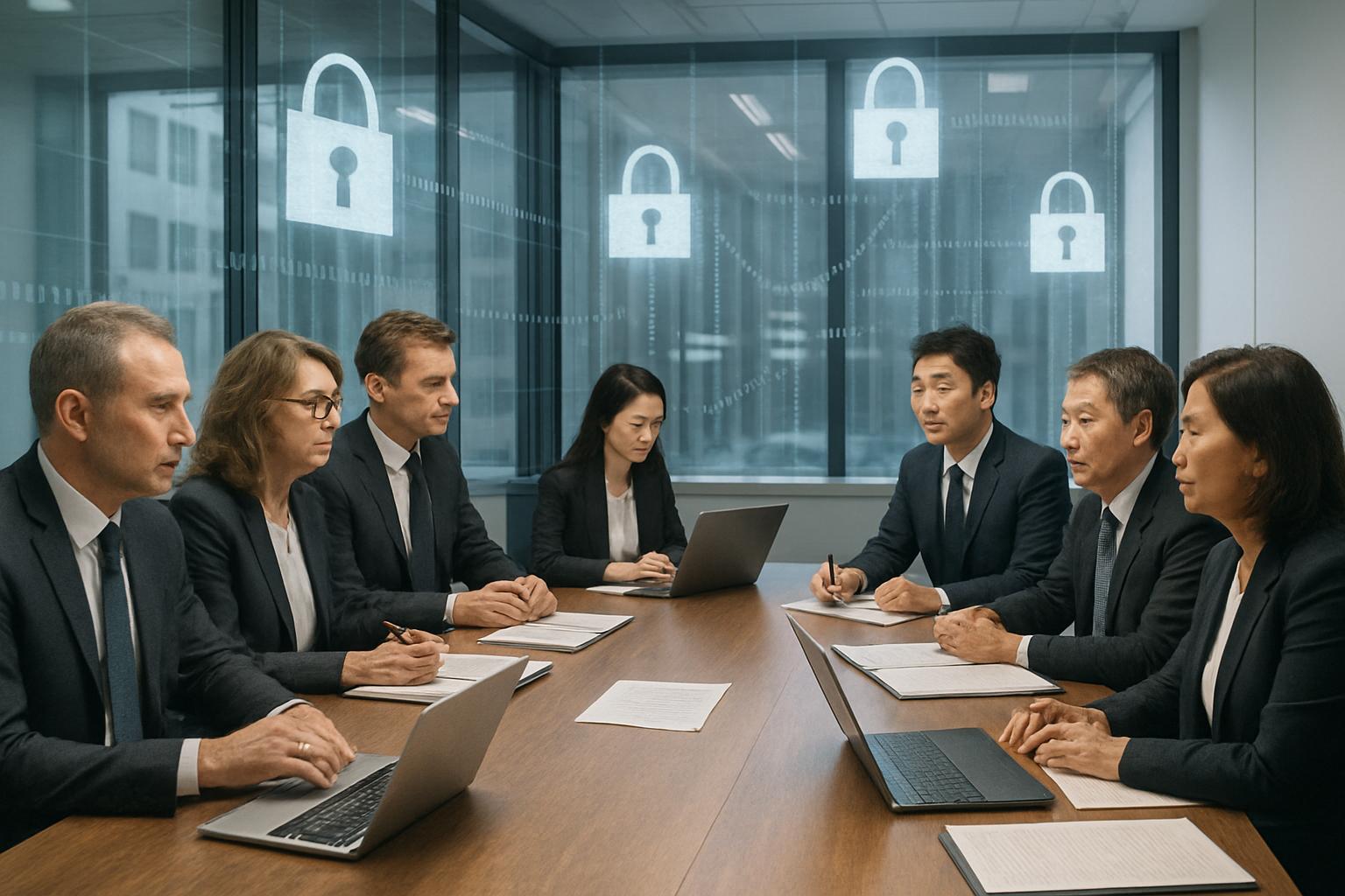 International business meeting highlights data theft risks in global partnerships.