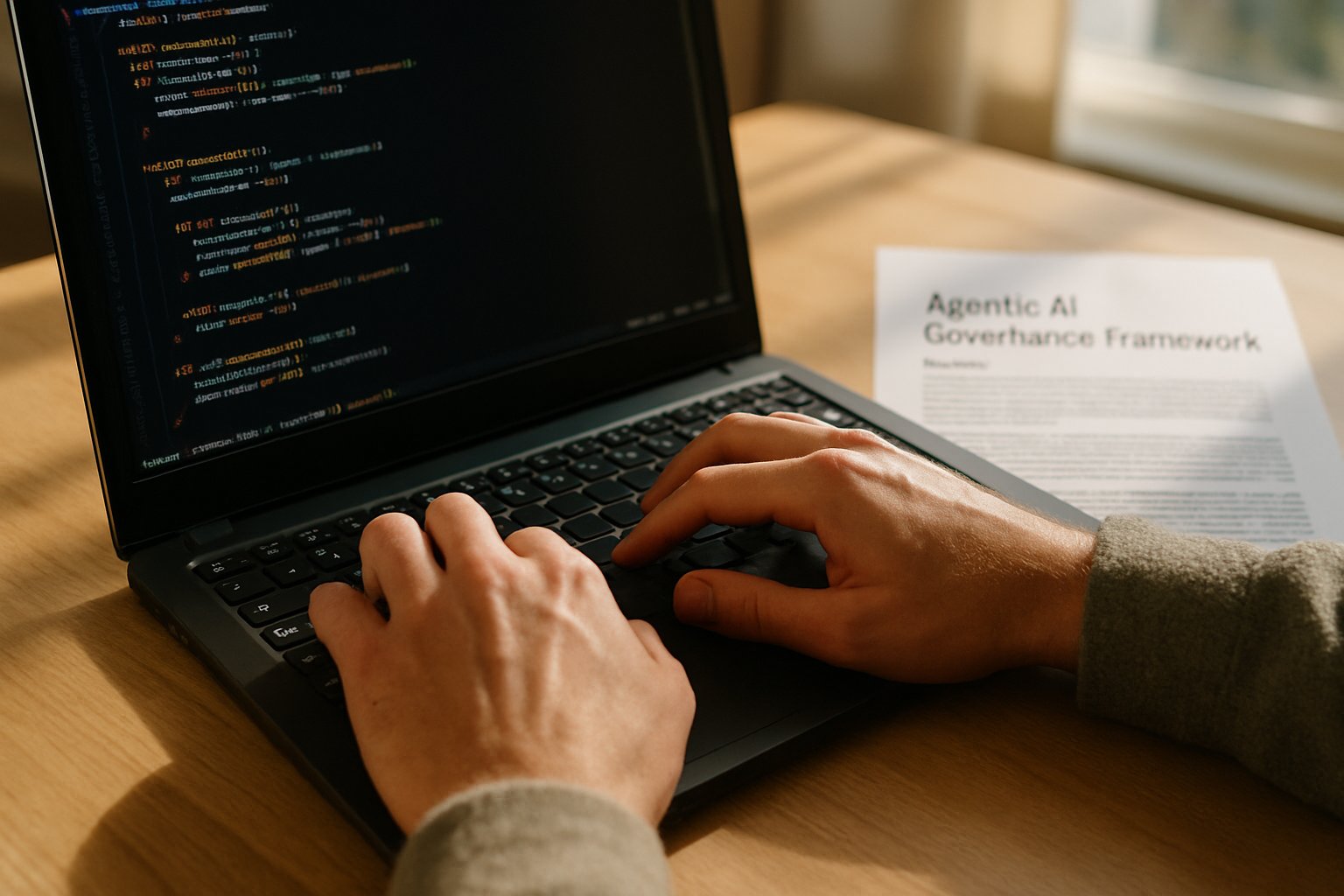 Programmer works on Agentic AI governance code framework at desk.