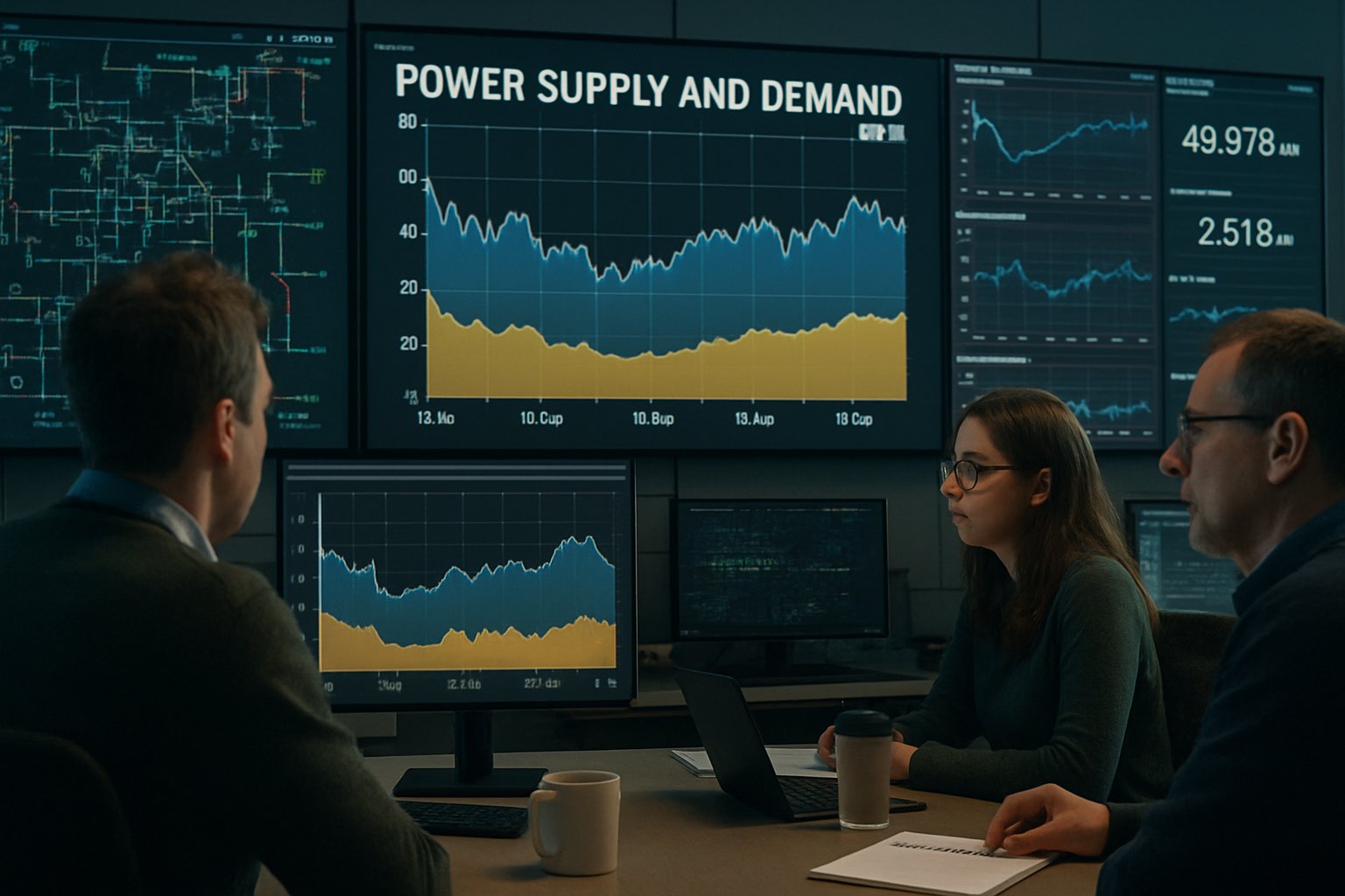 Grid Strain monitored by UK control room staff tracking winter power grids.