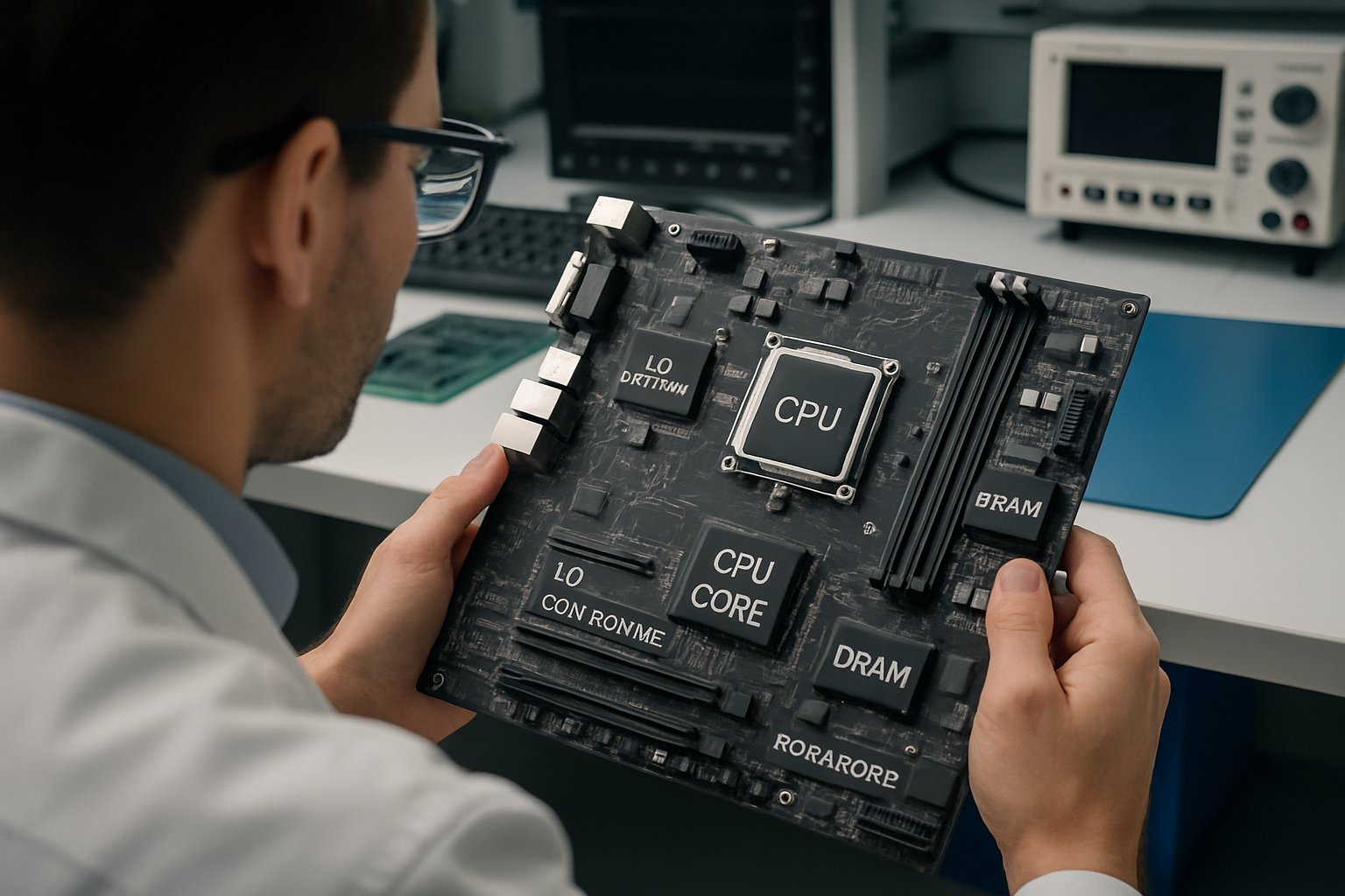 Engineer working with motherboard illustrating chip architecture design process.