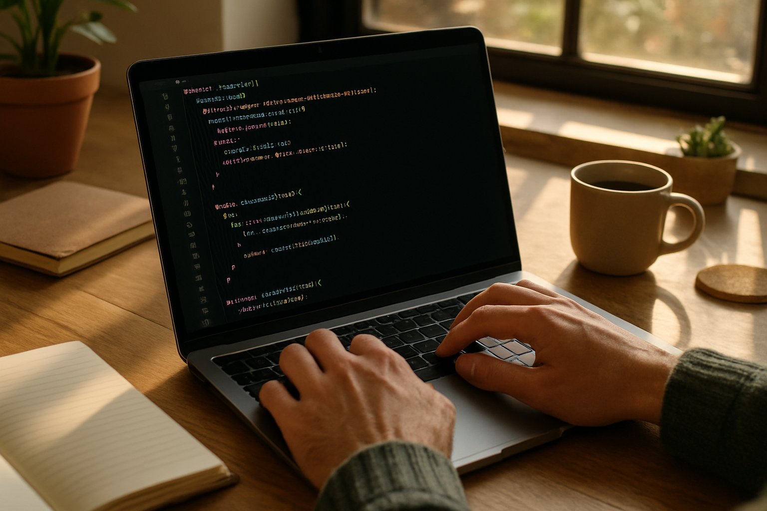 Close-up of developer coding for efficient development in a realistic workspace.