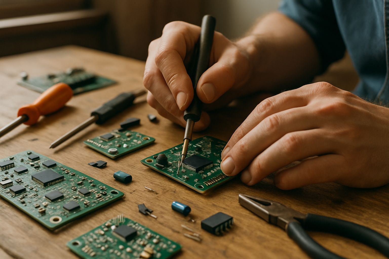 Hands assembling circuit boards during hardware development for electronics.