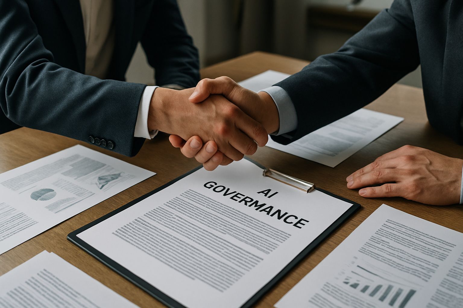 Corporate Rivalry Law handshake over AI governance contract in authentic office setting