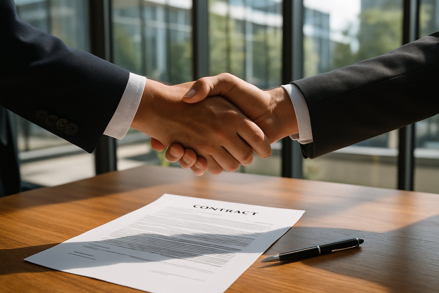 Handshake over contracts representing strategic partnerships agreement
