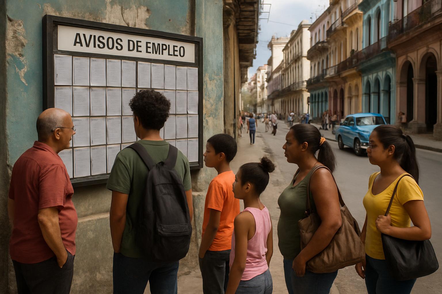 Job seekers in Havana review job postings, highlighting the Cuban job market.