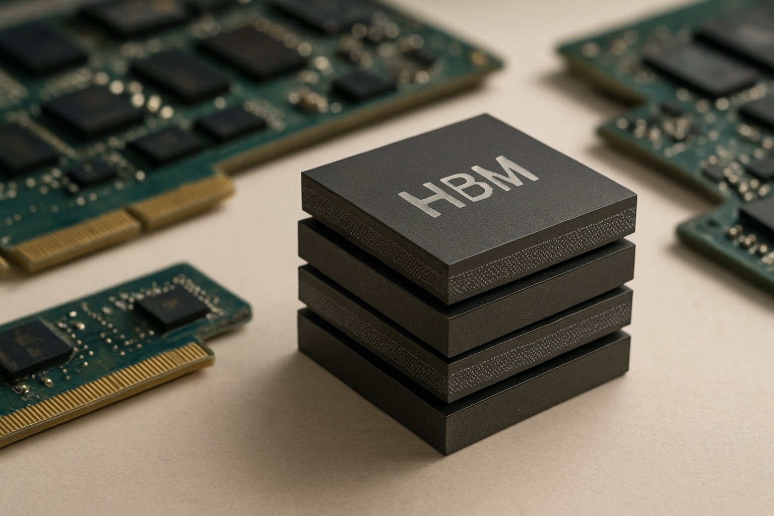 HBM Shortage showing memory chips and circuit boards on a table.