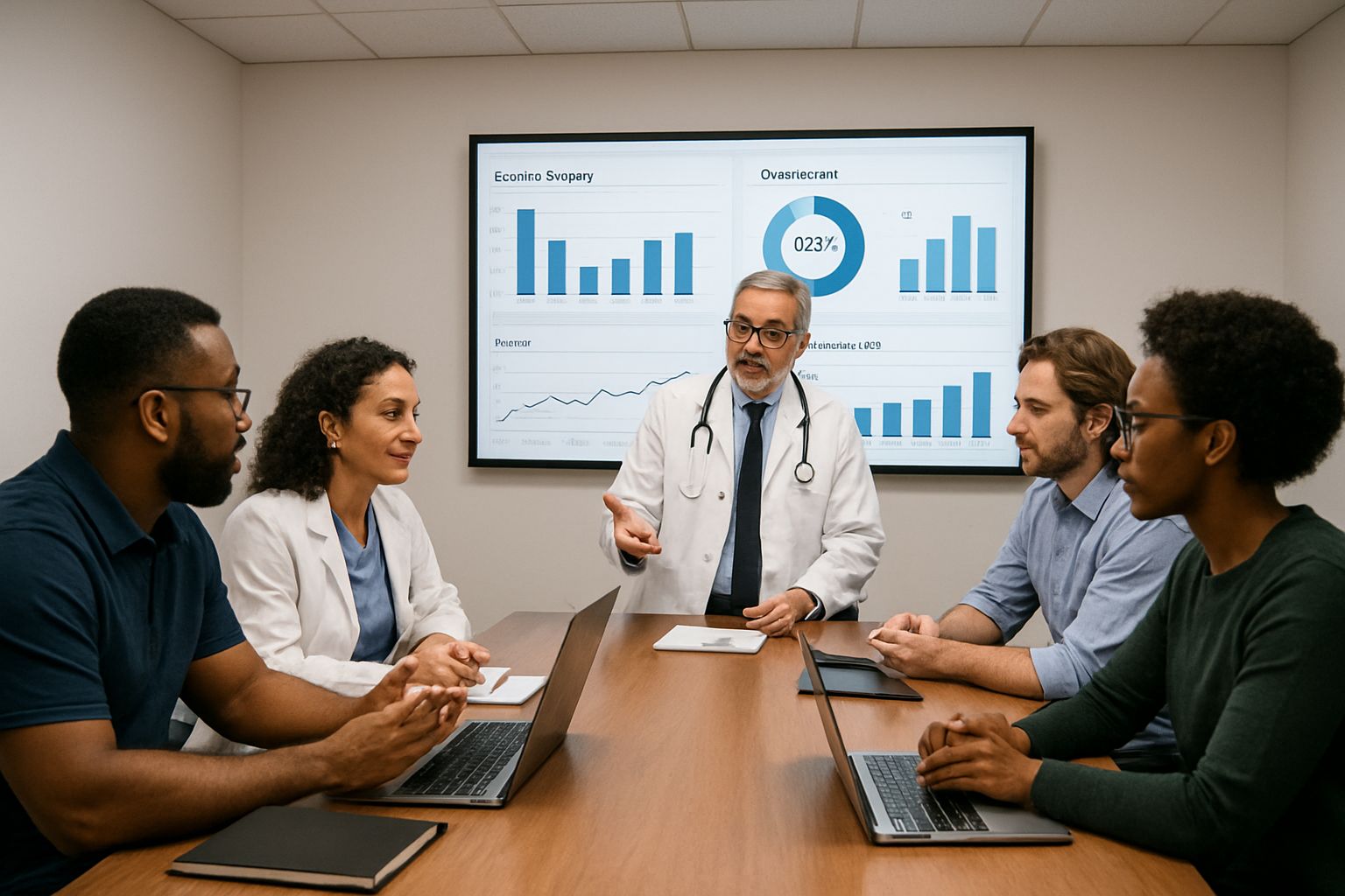 Healthcare and IT professionals collaborating with compliance data on screen.