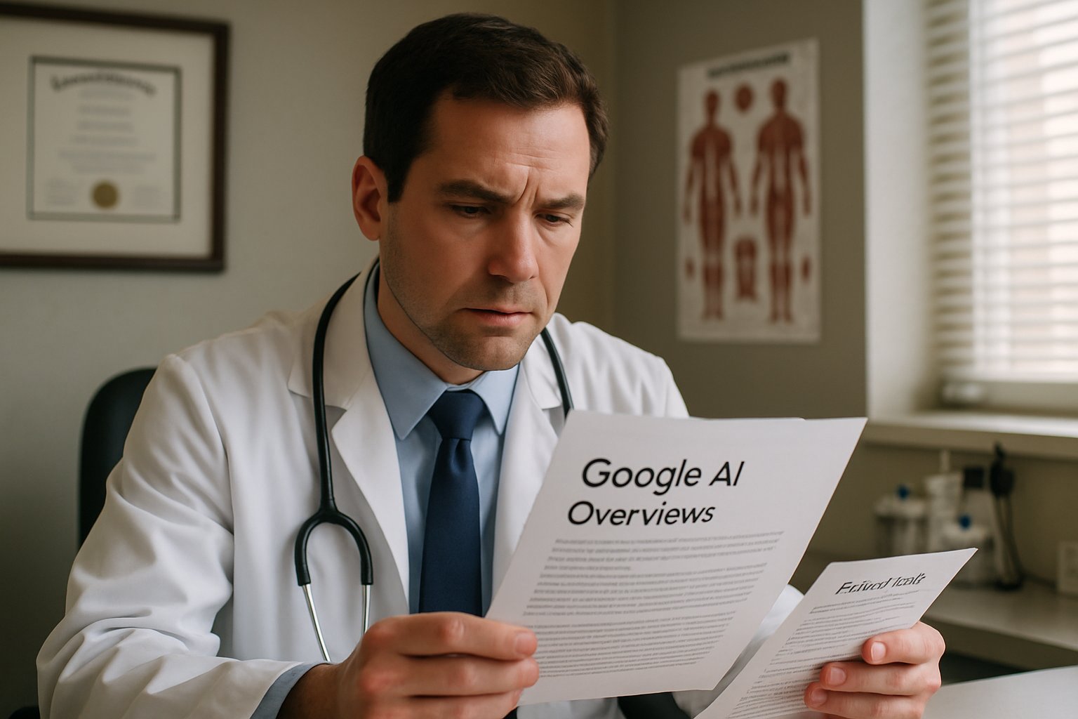 Doctor reviewing Google AI Overviews printout in medical office, examining health information.