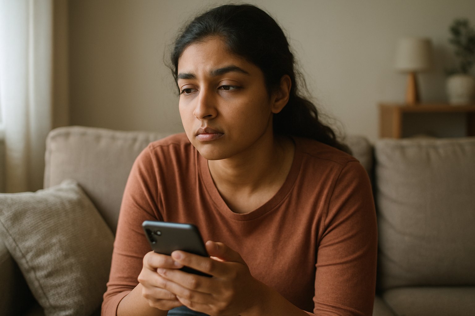 Ethics and hidden trauma explored through female moderator’s introspective moment at home.