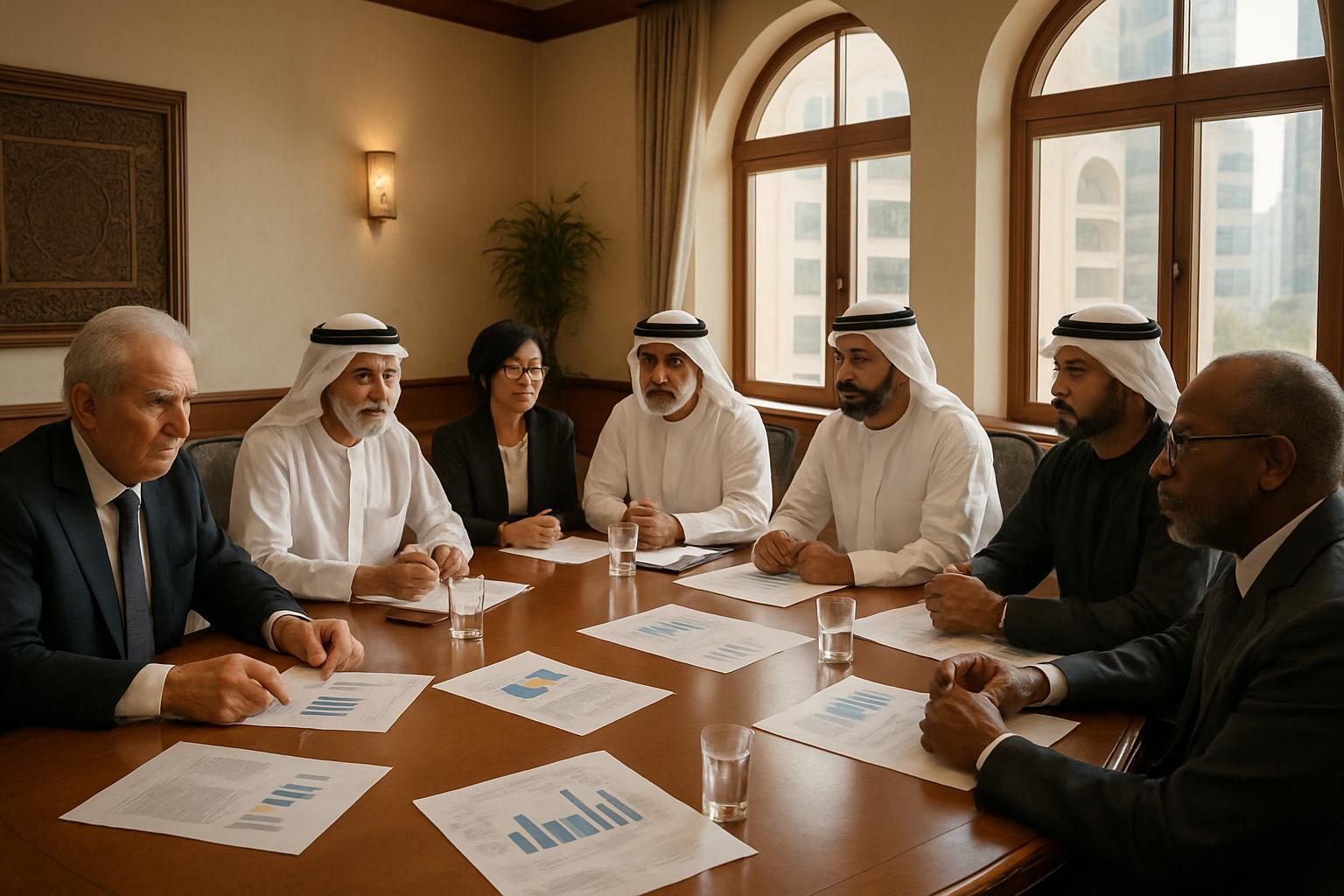 Abu Dhabi boardroom meeting addressing Global Investment opportunities.