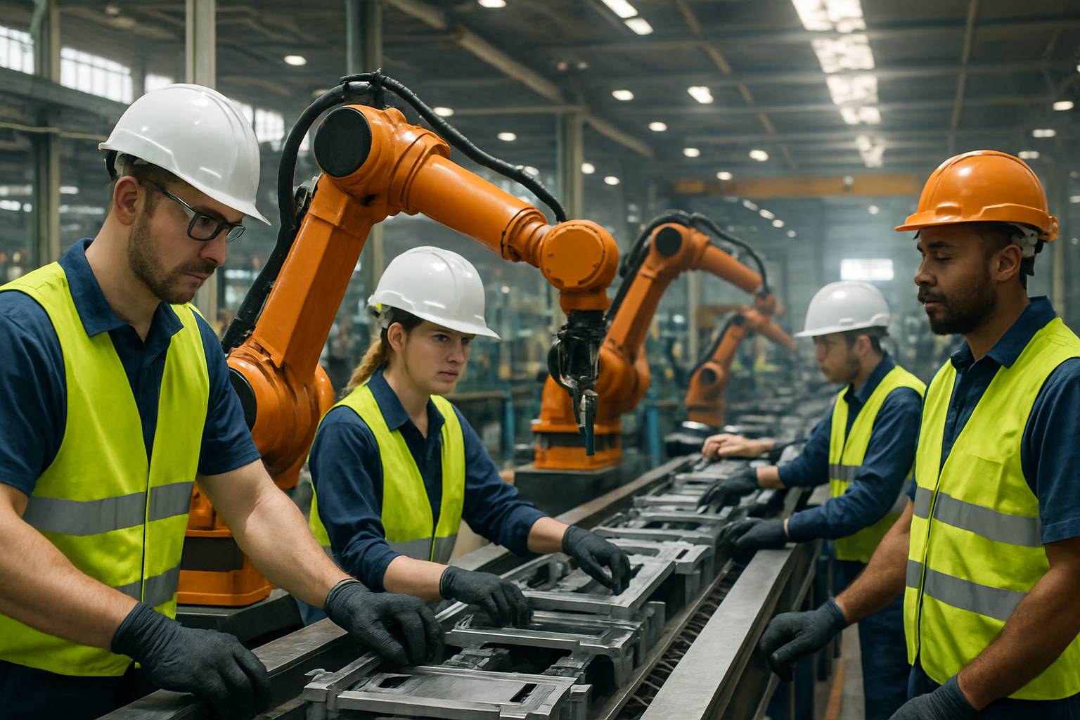 Factory workers collaborate with robots during AI Labor Displacement in industrial settings.